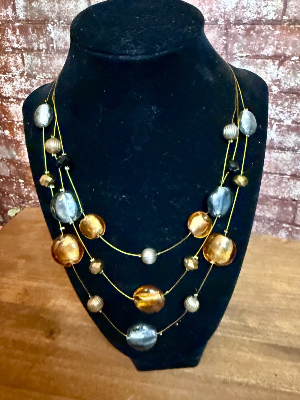 Triple-Strand Gold-Tone Necklace with Bronze and Silver Beads